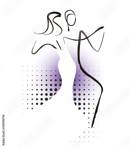Balroom Dancers Couple.
Line art stylized illustration of Young couple dancing ballroom dance on halftone raster background. Vector available.