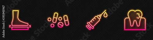 Set line Syringe, Flat foot, Medicine pill or tablet and Tooth with caries. Glowing neon icon. Vector.