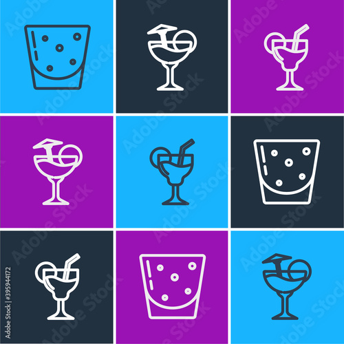 Set line Glass of rum, Cocktail and icon. Vector.