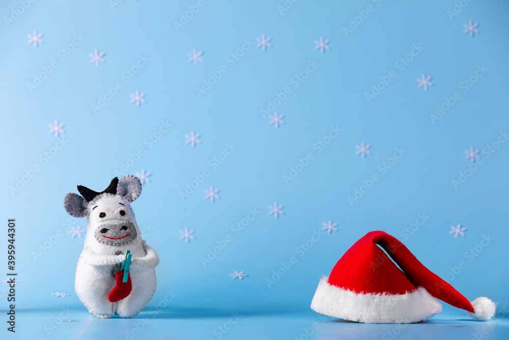Fototapeta premium A felt toy of a white bull with a red sock and a red santa hat are on the blue background, the symbol of 2021. Copy space. Creative New year.