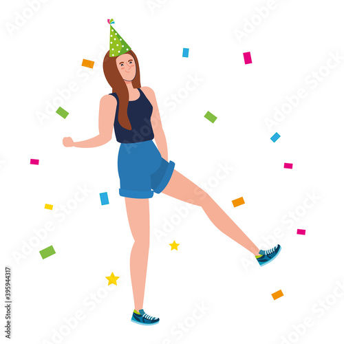 woman dancing with party hat and confetti design, celebration event happy birthday holiday surprise anniversary and decorative theme Vector illustration