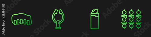 Set line Lighter, Grilled pork bbq ribs, Meat tongs and shish kebab. Gradient color icons. Vector.