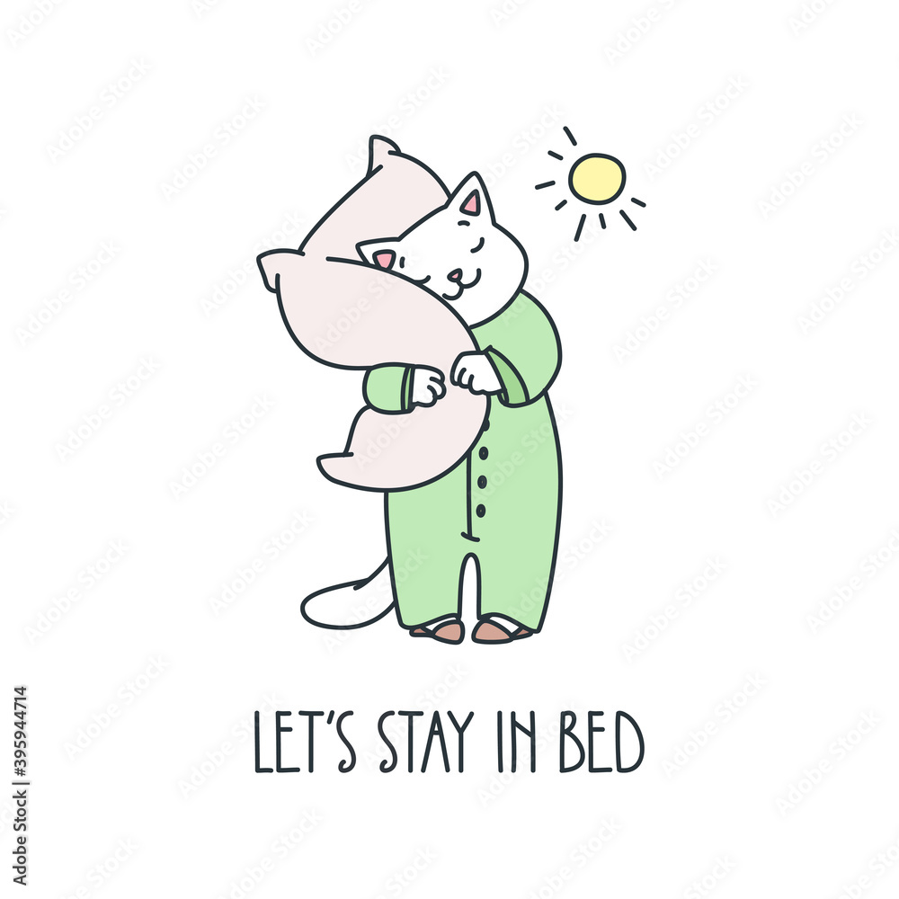 Let's stay in bed. Illustration of a funny sleepy cat staying with a pillow in its paws in the morning. Vector 8 EPS.