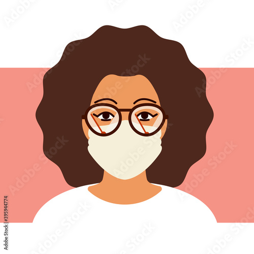 Concept problem of fogging lenses when wearing glasses and mask in cold time. Portrait of woman in glasses with wipers wiping condensation. Vector flat illustration on pink background