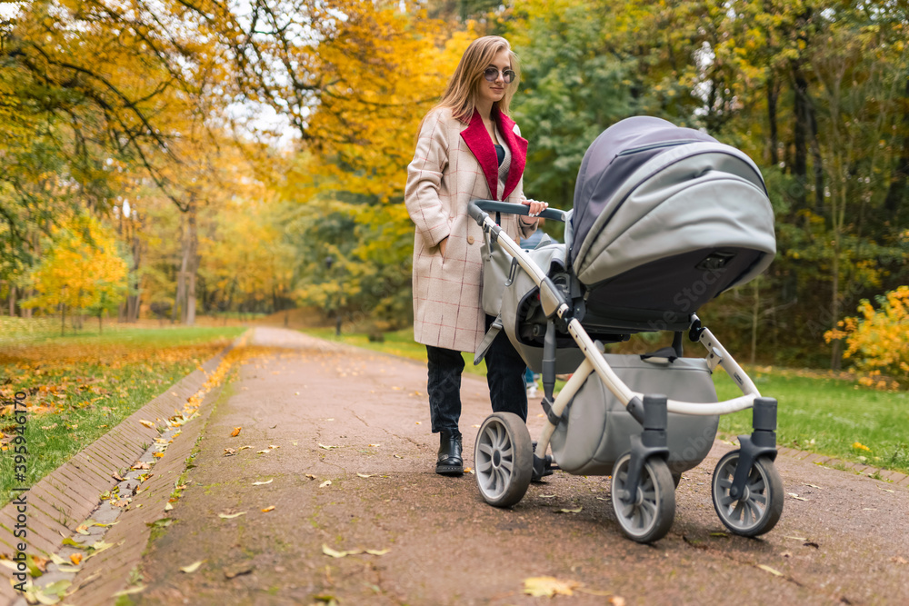 Mom with stroller walks in the fresh air of the autumn park Mom with stroller walks in the fresh air of the autumn park