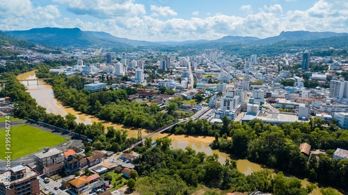 Rio do Sul - SC. Aerial view of the city and Itajaí river with its bridges