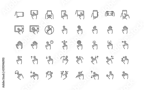 set of touchscreen gesture thin line icons, 256x256px, hand, swipe, touch