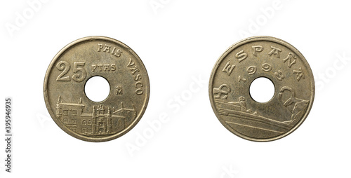 Old spanish 25 pesetas coin from 1993 with the facade of the Oñate University and a hole in the center.