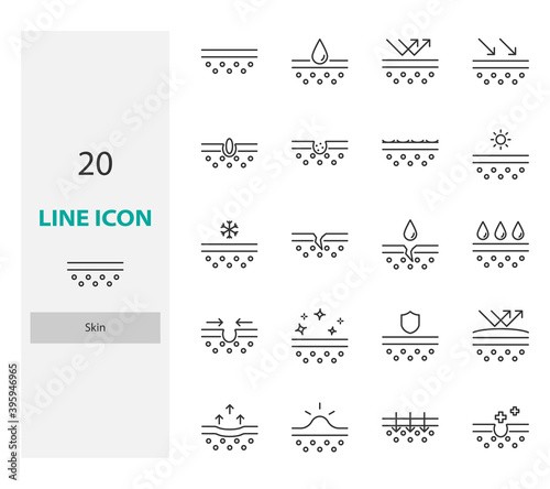 set of skin thin line icons, skincare, epidermis, moisture
