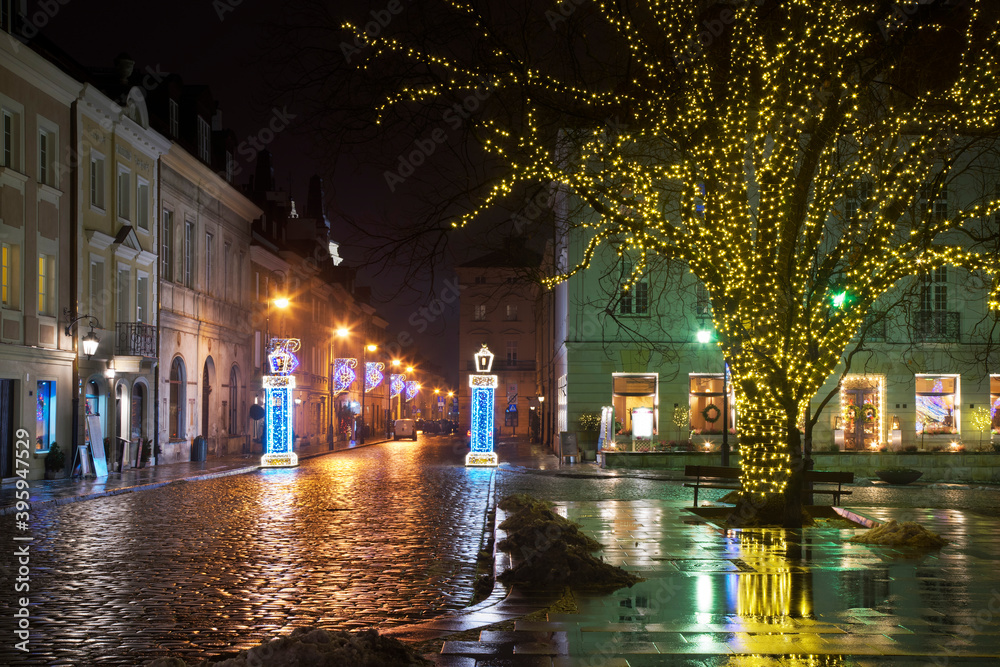 Holiday decorations of Freta street in Warsaw. Poland