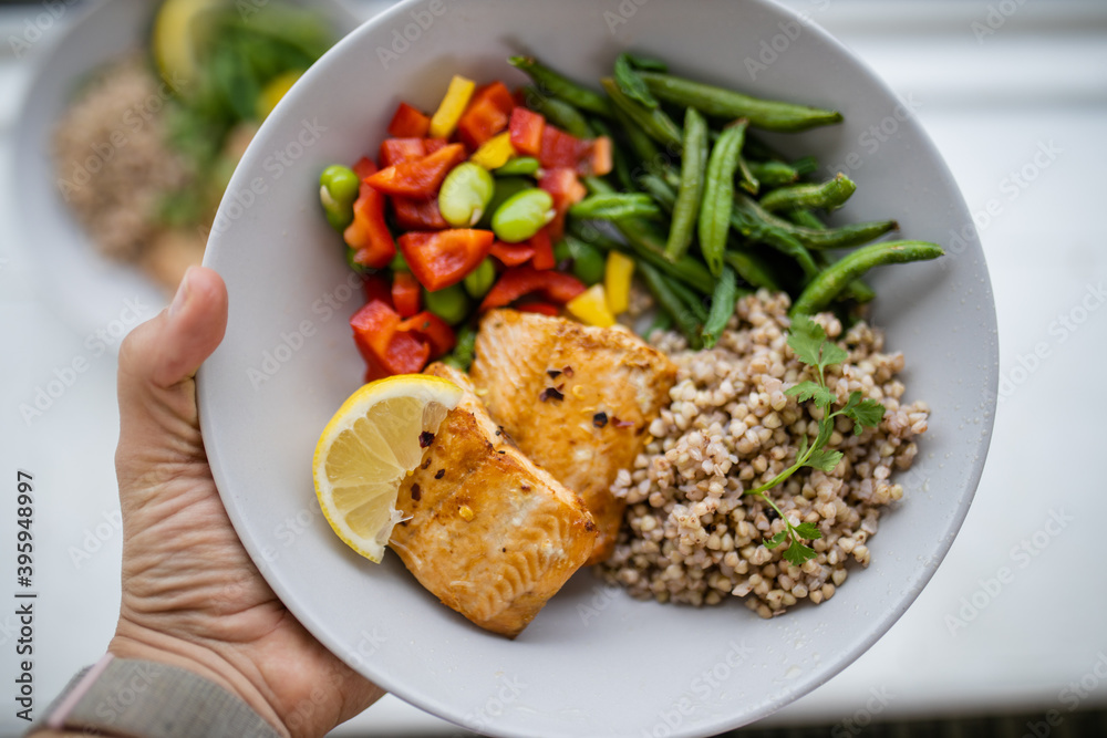 Salmon and buckwheat dish with green beans and tomato Salmon and buckwheat dish with green beans and tomato