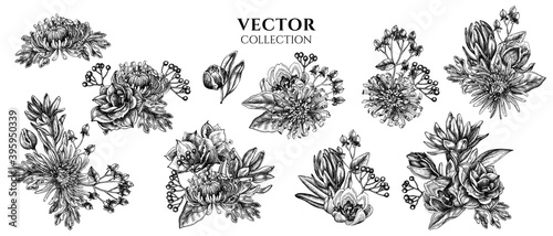 Flower bouquet of black and white viburnum, hypericum, tulip, aster, leucadendron, amaryllis