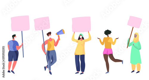 Women and Man Protesting in the Street during Quarantine.Different Nationalities.Concept of Public Protest,Meeting,Street Demonstration.
Protester Holding Banner.Vector Illustration of Placard Protest