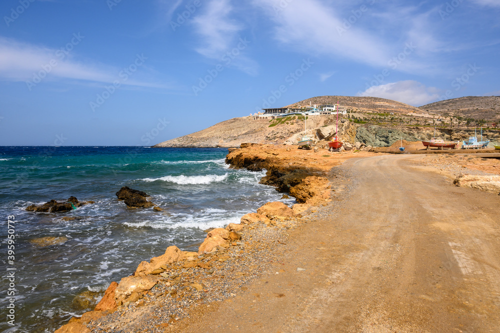 Koumbara beach located in a rocky bay on Ios Island. Cyclades, Greece