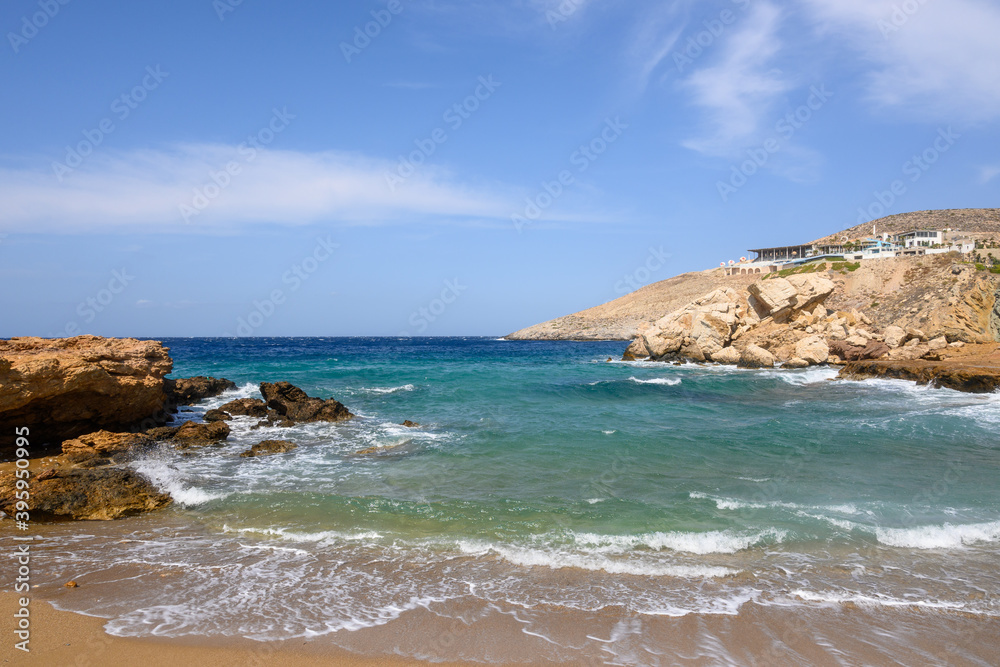 Koumbara beach located in a rocky bay on Ios Island.Cyclades, Greece
