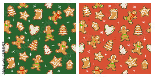 Gingerbread man vintage seamless pattern red and green