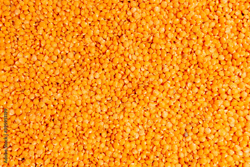 Dry organic Split lentil orange or Masoor Dal background or texture. the view from the top