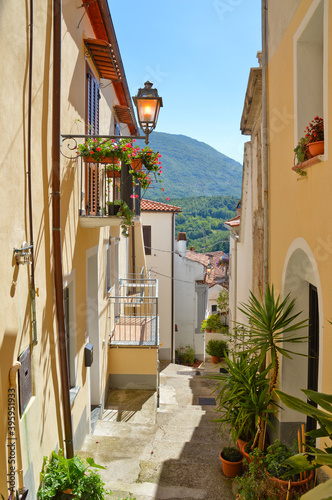 A narrow street with among the old houses of Rivello, a medieval village in the Basilicata region.