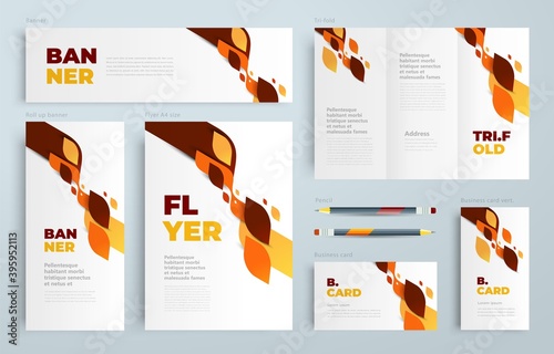 Abstract rhombus Set flyer cover, tri-fold, banner, roll up banner, business card orange color