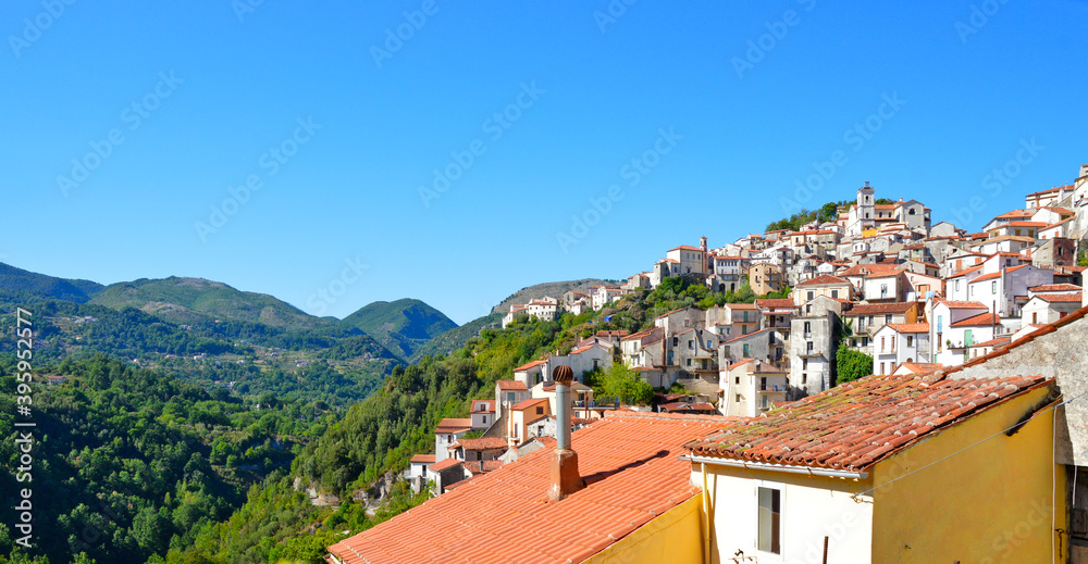 Panoramic view of Rivello, a village in the mountains of the Basilicata region, Italy.