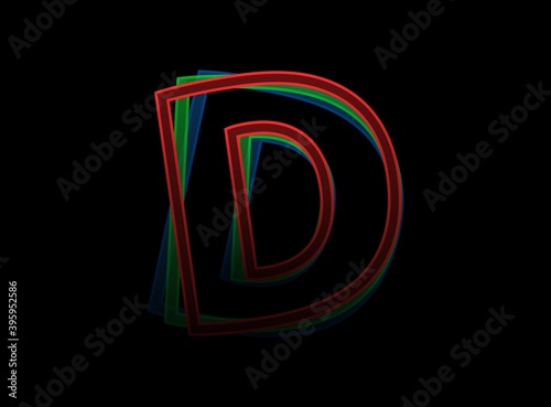 D letter vector desing, Rgb color font logo. Dynamic split red, green, blue color, outline stroke layer style on black background. For social media,design elements, creative poster, web template