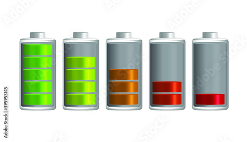 Vector image. Charging battery icon. Different states of charge. Black background.