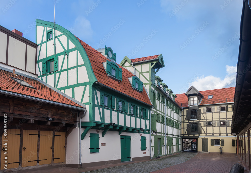 Old architectural half-timbered buildings of the old town  in Klaipeda, Lithuania