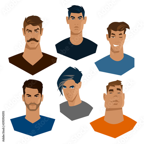 Set of color portraits of young men with a beard and trendy modern haircut.