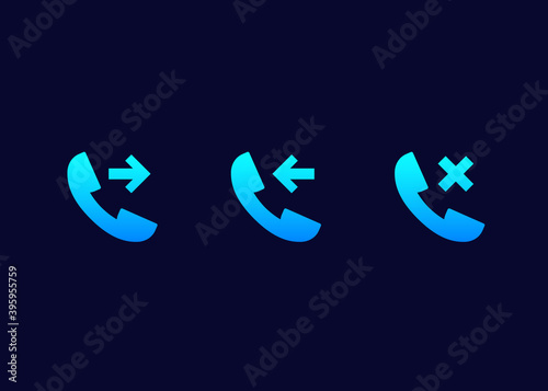 phone call, incoming, outgoing and missed vector icons