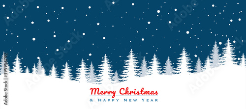 Christmas background with pine tree and snowfalls. Flat vector illustration landscape. head banner.
