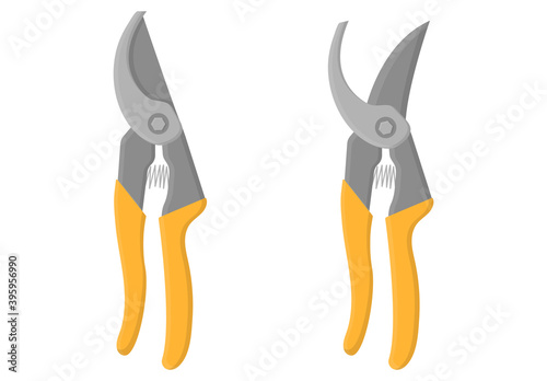 Set of cartoon gardening scissors or secateurs isolated on white background. Gardening tools. Vector illustration in cartoon style for your design.