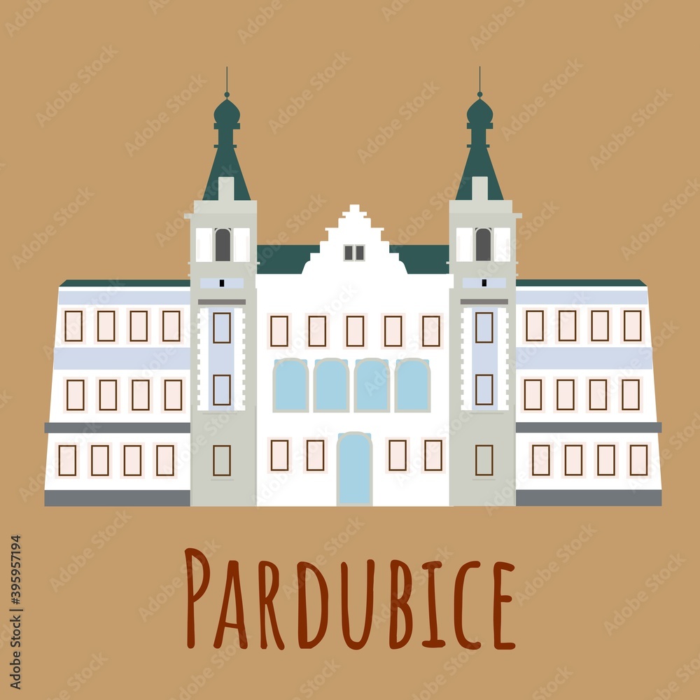 Cartoon flat town hall in Pardubice. Symbol of Czech. Vector flat illustration isolated on white background