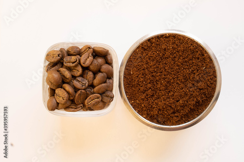 Roasted coffee beans with ground coffee