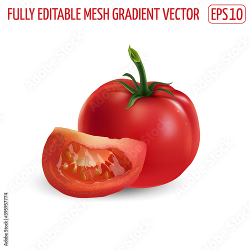 Whole red tomato with a slice on a white background.