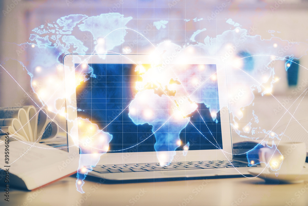 Multi exposure of business theme icons and work space with computer background. Concept of success. Multi exposure of business theme icons and work space with computer background. Concept of success.