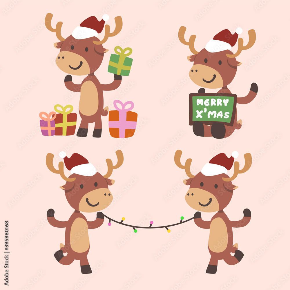 Obraz premium Set of happy cute reindeers celebrated Chritmas event together with gift, Christmas text board, holding twinkle light isolated on background cartoon character flat vector illustration. Merry Chritmas