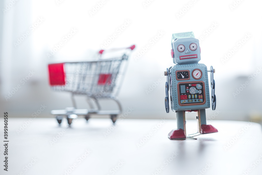 Online shopping algorithm concept. robot on the in the blurry background Stock Photo | Adobe Stock