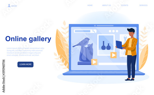 Online gallery of professional sculptor. Creating sculpture of the marble, wood, clay. Online visitor using laptop. Creative artist. Website, wen page, landing page template. Vector illustration