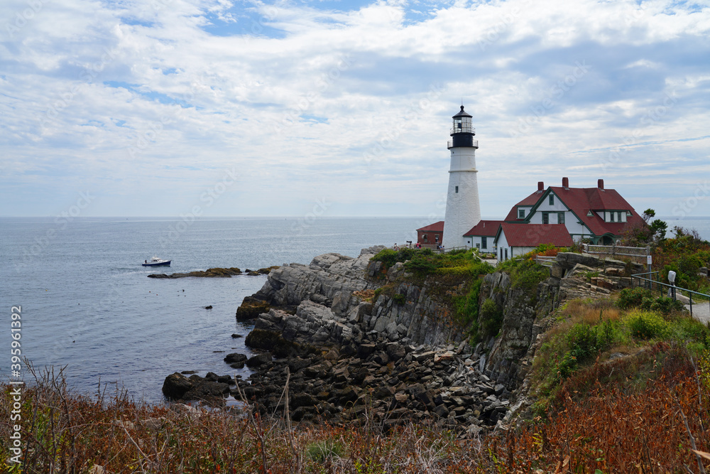 CAPE ELIZABETH, ME -View of the Portland Head Light, an historic lighthouse located in Casco Bay in the Gulf of Maine, United States.
