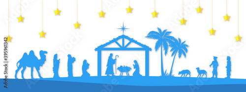 Blue and white Christmas Nativity scene banner background. Vector illustration.