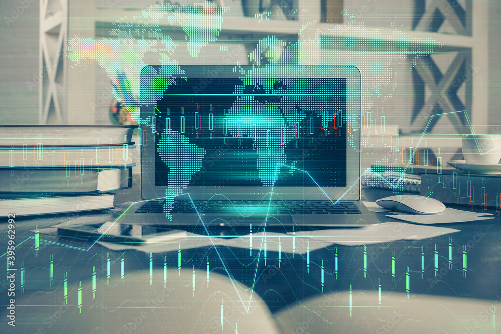 Multi exposure of chart and financial info and work space with computer background. Concept of international online trading. Multi exposure of chart and financial info and work space with computer background. Concept of international online trading.