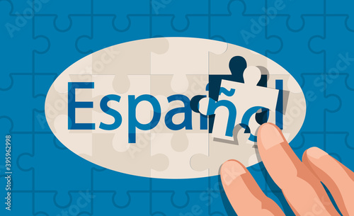 Jigsaw Puzzle concept of Spanish language, assembled with hands, vector illustration