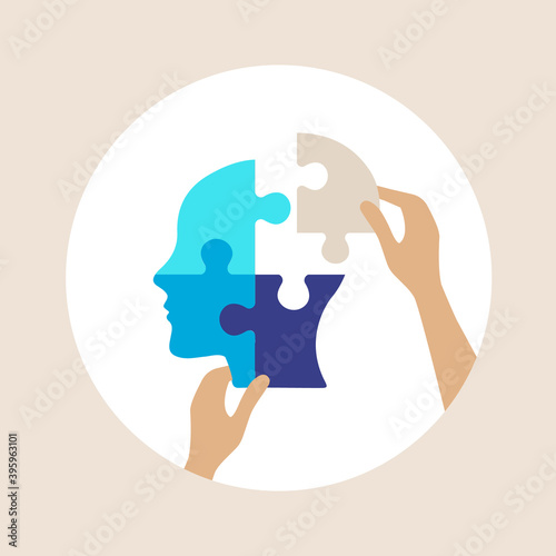 Mental health concept, vector illustration, puzzle shaped head lacking one piece, human hands placing the last piece in place