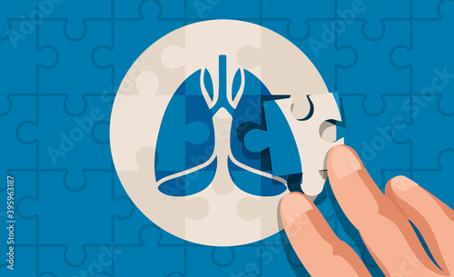 Abstract human lungs puzzle pieces concept, assembled with hands, vector illustration