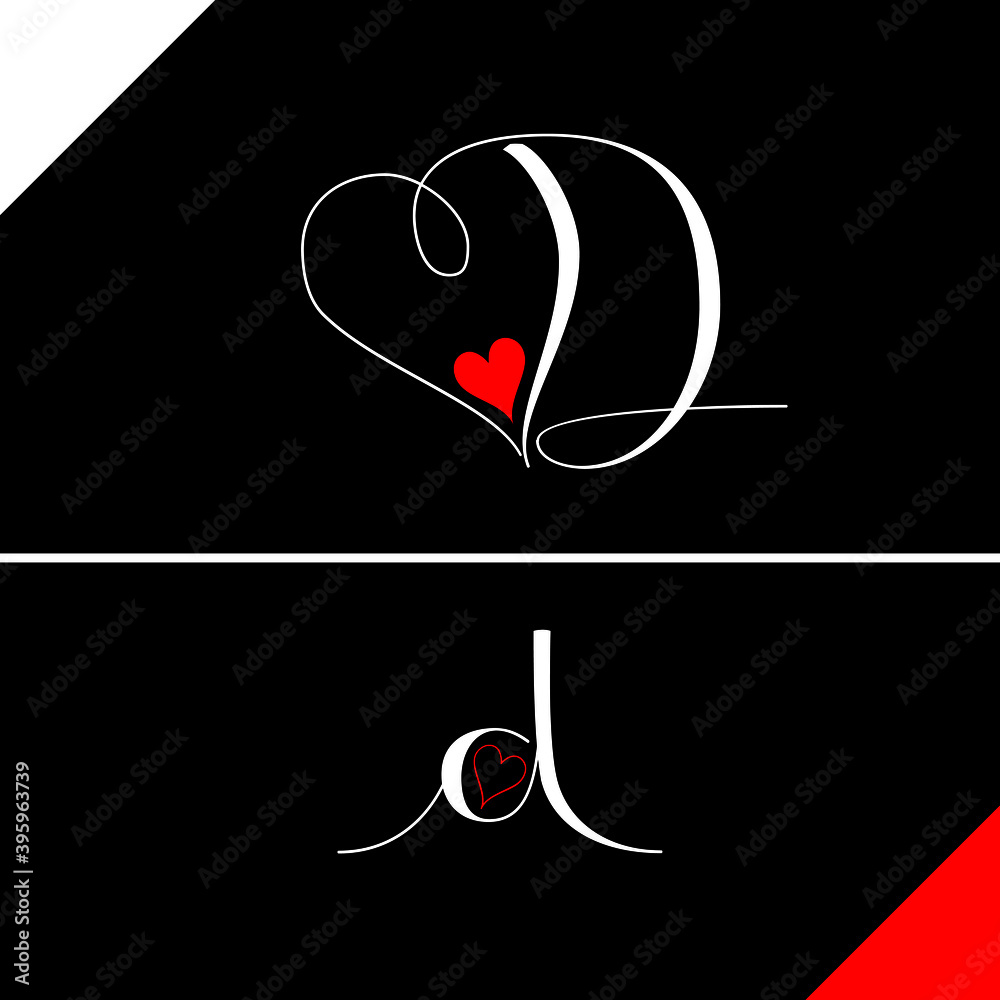 D letter with heart vector on black background. D love letter logo ...