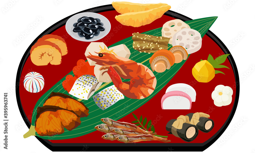 新年のイラスト素材 おせち料理と半月盆 赤 Stock Vector Adobe Stock
