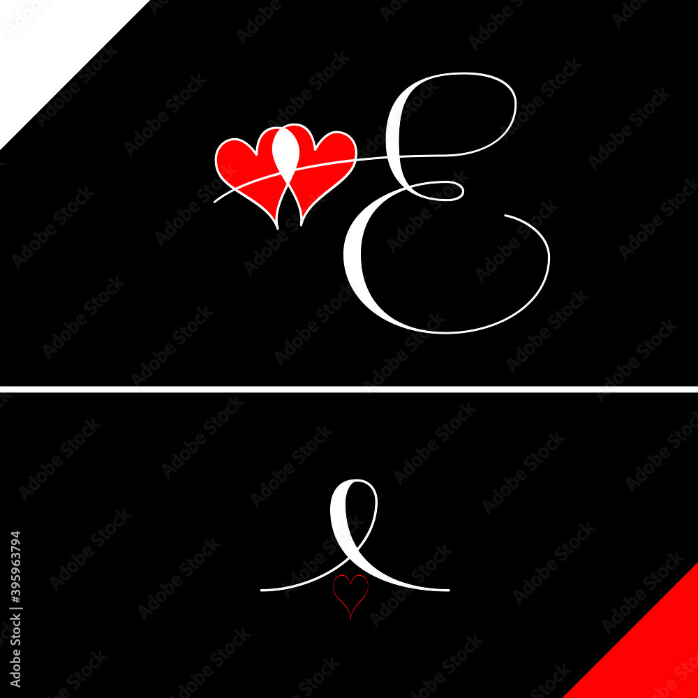 E letter with heart vector on black background. E love letter logo ...