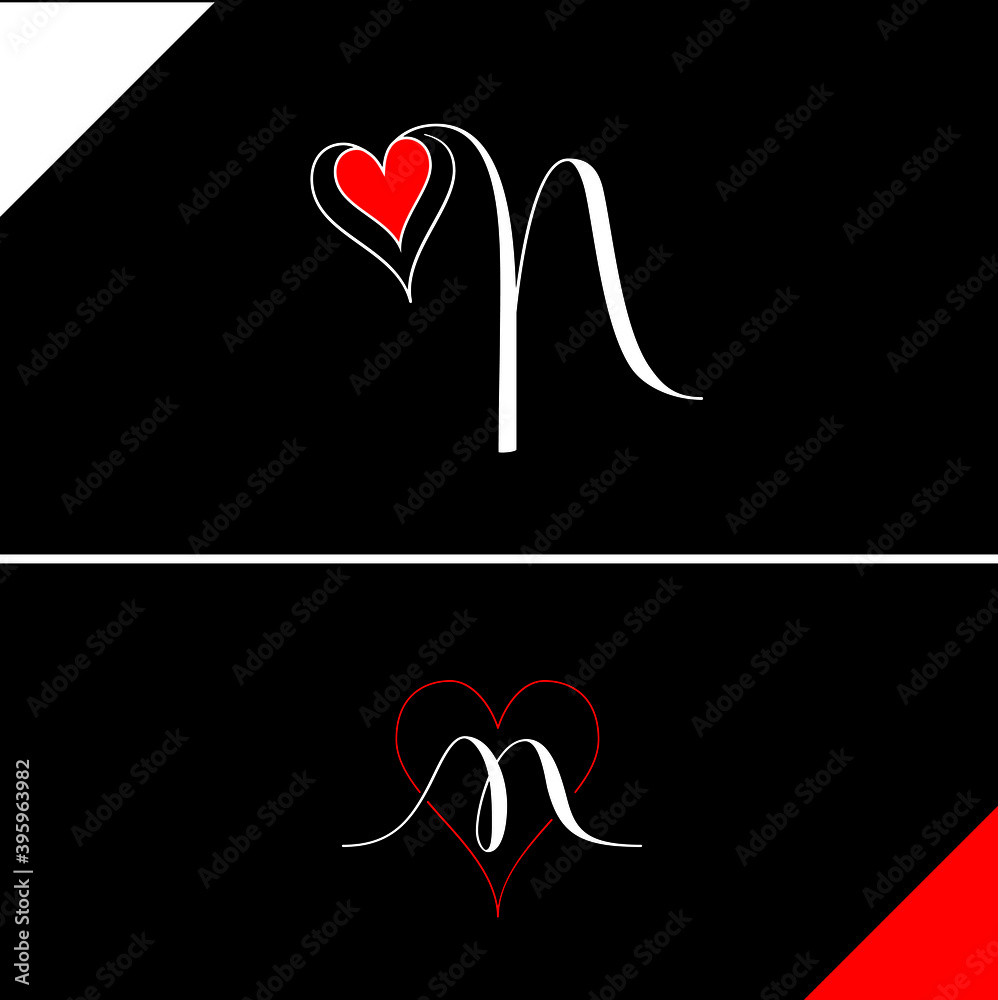N letter with heart vector on black background. N love letter logo ...