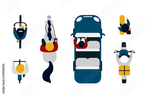 People on transport top view. Cartoon people driving car, motorbike and bicycle. Cute man and woman riding horse, on skateboard. Transportation, leisure pastime or order delivery. Vector vehicle set