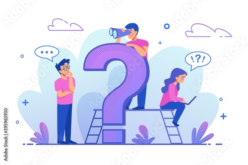 FAQ. Frequently asked questions web design template. Cartoon thinking young people and query symbol. Isolated cute girl and boys searching answers and information. Vector online support concept